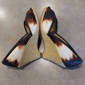 EXPRESSION Textile Peep Toe Jute Wedge Heels - Ivory Brown Graphic Print - Sze 7